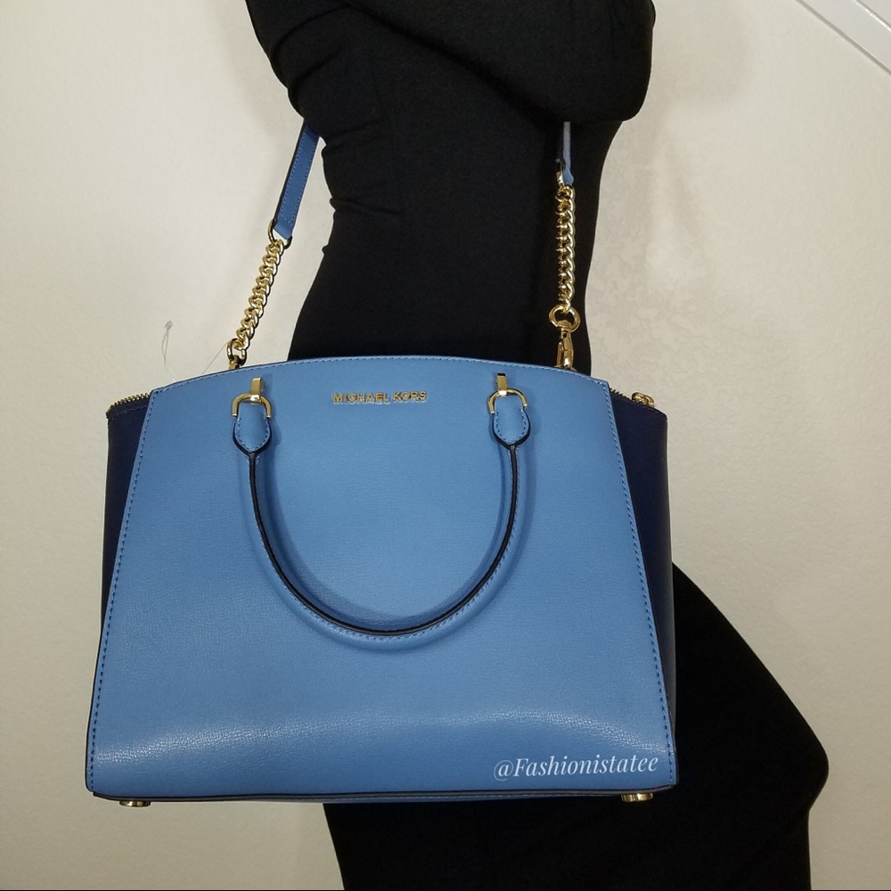 NWT MICHAEL KORS LARGE ELLIS SKY NAVY SATCHEL BAG - Picture 1 of 8